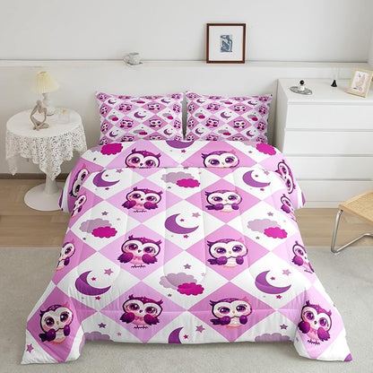 Castle Fairy Cartoon Owl Comforter Set Twin Size Hand Drawn Star Moon Bedding Set Kids Boys Girls Kawaii Jungle Animal All Season Quilt Set Pink Violet Checkered Plaid Bedding Comforter Sets,2Pcs