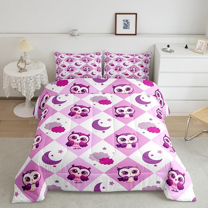 Castle Fairy Cartoon Owl Comforter Set King Size Hand Drawn Star Moon Bedding Set Kids Boys Girls Kawaii Jungle Animal All Season Quilt Set Pink Violet Checkered Plaid Bedding Comforter Sets,3Pcs