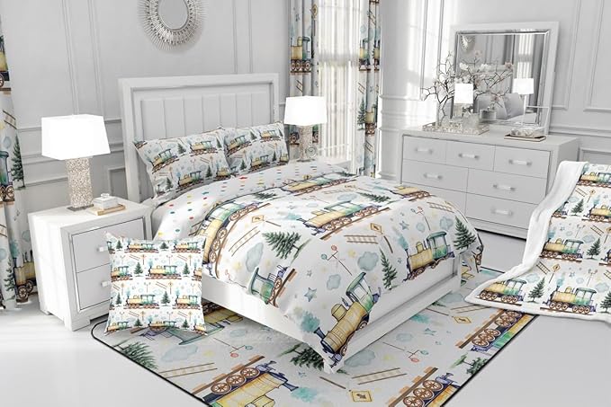 Erosebridal Watercolor Green Train King Comforter Set Kids Cartoon Railway Bedding for Boys Toddler Gift, Cute Clouds Stars Transportation Theme Duvet Set with 2 Pillow Cases