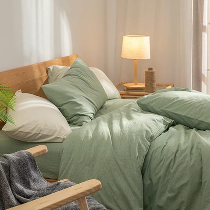 Green Duvet Cover Queen, 100% Washed Cotton Linen Like Textured Solid Color Casual Modern Style Green Bedding Set, with Zipper Closure, Luxury Soft Relaxed Feel Natural Wrinkled Comfy (3pcs, Queen)