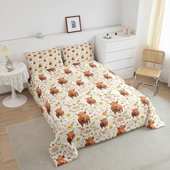 Feelyou Highland Cow Comforter Set for Girls Boys Kids Toddler Size Soft Animal Comforter Room Decor Western Decor Bedding Set Straw Yellow Duvet Set