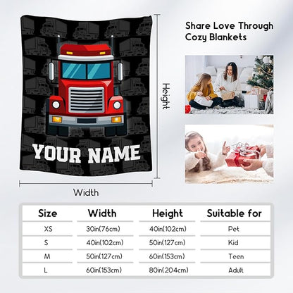 Personalized Truck Blanket, Cozy Soft Throw Gifts for Kids, Cute Black Flannel Throw Blankets for Couch Sofa, 40x50 Inches