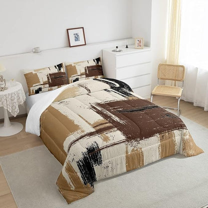 Feelyou Abstract Bedding Set Comforter Set for Kids Boys Girls Teens Room Decor Modern Abstract Art Comforter Grey Brown Black Duvet Set 3Pcs Queen Size