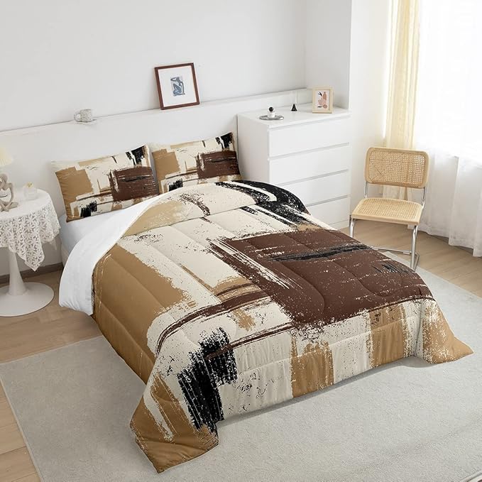 Abstract Bedding Set Comforter Set for Kids Boys Girls Teens Room Decor Modern Abstract Art Comforter Grey Brown Black Duvet Set 2Pcs Toddler Size