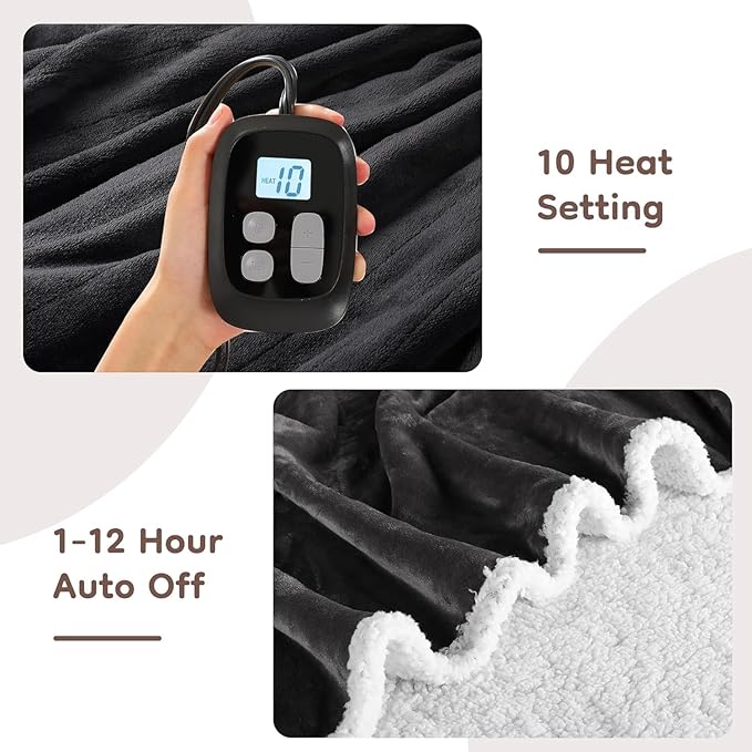 Electric Heated Blanket Twin Size - 62"x84", Soft Flannel Heating Blanket, 10 Heating Levels, 1-12 H Auto Shut Off, Breathable Warm and Washable for Bed, Dark Grey
