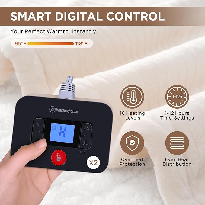 Westinghouse Electric Blanket Queen, Flower Jacquard Heated Blanket Queen Size with 10 Heating Levels and 1-12 Hours Auto-Off, Flannel to Sherpa Reversible, Machine Washable (84" x 90", Beige)