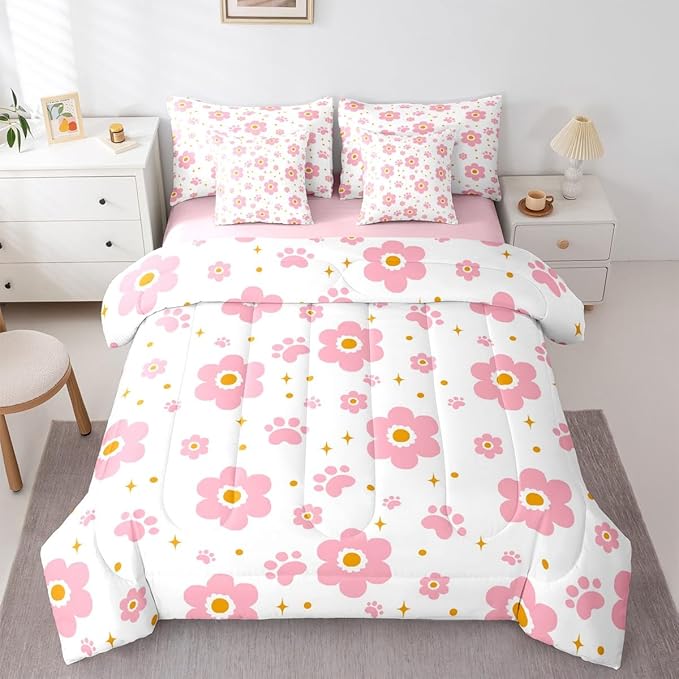 Feelyou Pink Flower 7 Piece Bedding Set Cute Dog Paw Print Comforter Set with Sheets for Kids Boys Girls Star Print Bed in a Bag Kawaii Bed Set Soft Lightweight