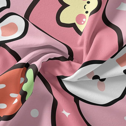 QOOMO Kawaii Rabbit Comforter,Strawberry Rabbit Comforter Set for Kids Teens Girls,3Pcs Bedding Set Printed Comforter with 2 Pillowcases,Down Alternative,Soft and Lightweight(Pink，King Size)