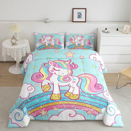 Feelyou Unicorn Bedding King,Star Print Rainbow Kids Comforter Sets for Girls Comforter Set,Cute Unicorn Duvet Quilt,Cute Animal Bedding Rainbow Bedroom Decor,Blue