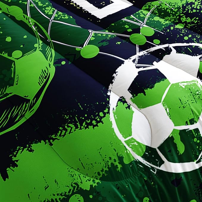 Soccer Comforter Set Sport Themed Green Printed Bedding Set with 1 Comforter and 2 Pillowcases for Boys and Girls Bedroom All Season(Soccer Full)