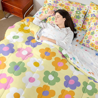 Feelyou Cute Flower 7 Piece Bedding Set Colorful Floral Comforter Set with Sheets for Kids Boys Girls Kawaii Theme Bed in a Bag Yellow Bed Set Soft Lightweight