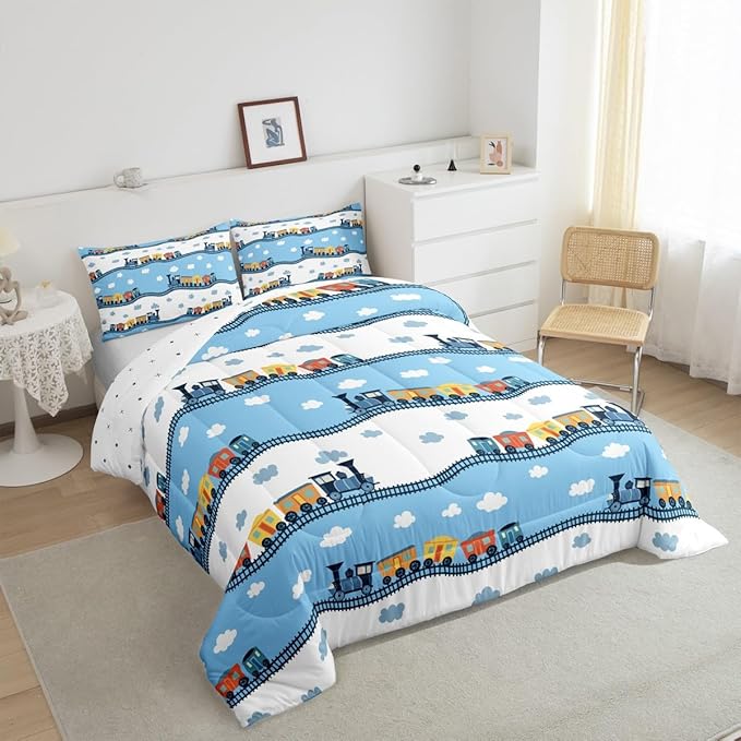 Erosebridal Kids Locomotive Train Comforter Set Queen,Cute Steam Engine Truck Bedding Sets for Boys Girls Blue White Clouds Duvet Insert Railway Car Vehicles Down Comforter with 2 Pillowcases