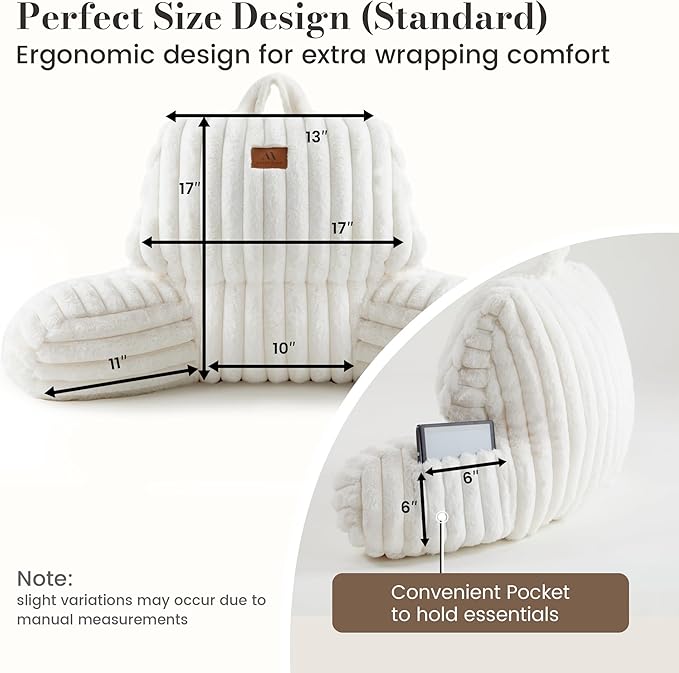 Amélie Home Faux Fur Reading Pillow with Pocket for Sitting in Bed, Kids Backrest Bed Pillow with Washable Cover for Lounging, Study & Relaxing, Ivory 17 inches
