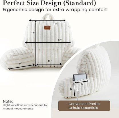 Amélie Home Faux Fur Reading Pillow with Pocket for Sitting in Bed, Kids Backrest Bed Pillow with Washable Cover for Lounging, Study & Relaxing, Ivory 17 inches
