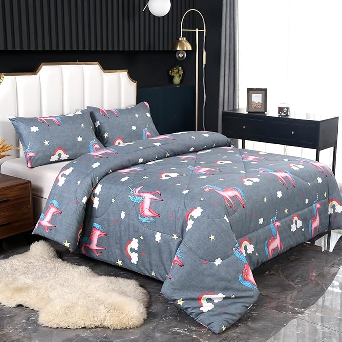 SDIII 3PCS Gray Unicorn Comforter Set Twin, Soft Microfiber Lightweight Twin Girls Comforter, Princess Unicorn Bedding Quilt for Girls Kids and Teens