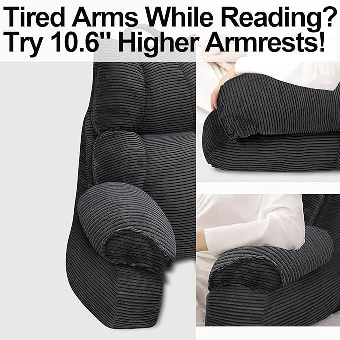 RRPAHWTV Reading Pillow for Bed with High Arm Rests ,Back Support Pillow for Sitting Up in Bed with Shredded Memory Foam for Reading, TV, Gaming or Relaxing on Floor（Grey Black, Large）