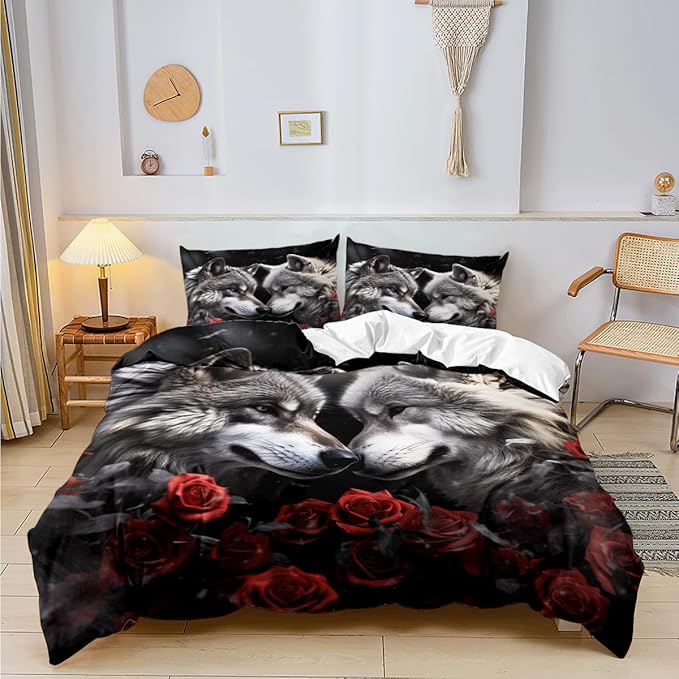 3D Printed Wolf Duvet Cover for Adult Kids Boys Girls Bedroom Indian Dream Catcher Animal Wolf Full Size Comforter Cover Wolves Couple Black Bedding Set,Full