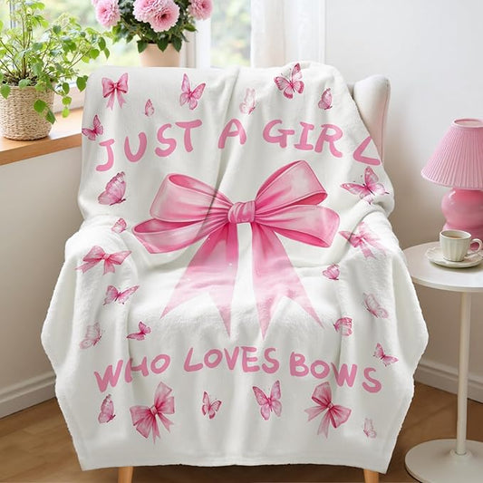 Bow Throw Blanket 60x80Inch Preppy Blanket Pink Bow Aesthetic Throw Blanket Coquette Flannel Soft Bow Plush Preppy Room Decor for Girls Women Birthday