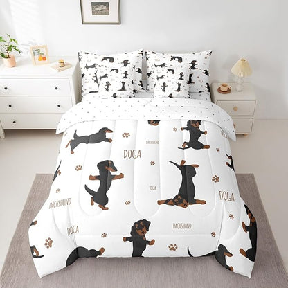 Feelyou Sausage Dog Bedding Set Boys Dachshund Comforter Set with Sheets 7 Piece Full Size for Kids Teens Ultra Soft Puppy Dog Bed in a Bag Kawaii Pet Brown Bed Set Room Decor
