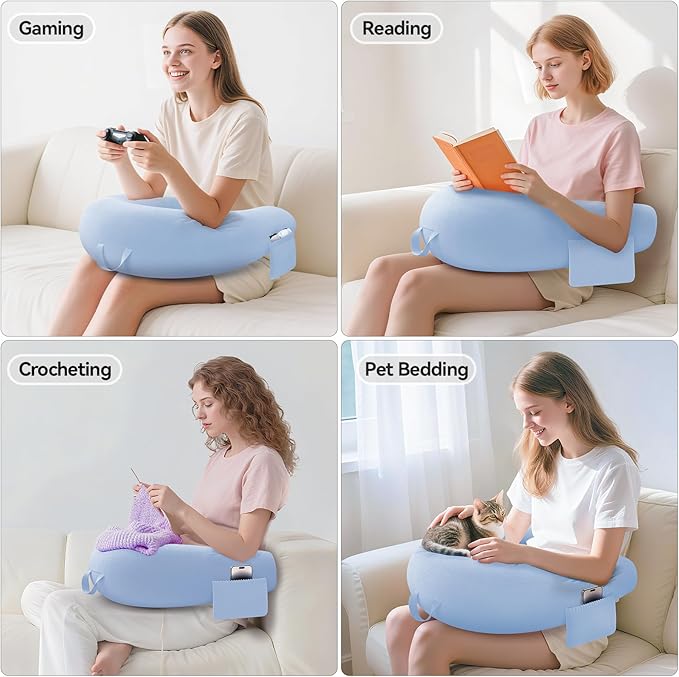 Crochet & Reading Pillow for Lap Support, Gaming Lap Desk Pillow, Sitting on the Bed/Sofa/Floor for Knitting, Large & Ergonomic Arm Rest Support, Pet Bed for Ipad/Laptop/Kindle - Starlight Blue