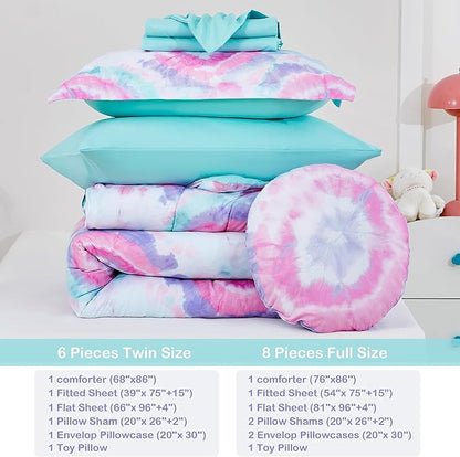 Mooreeke Tie Dye Kids Comforter Bed Set Full Size for Girls, 8 Pieces Bed in a Bag with Shams, Sheet Set, A Toy Pillow Dark Pink Round Flower Full Soft Microfiber Kids Comforter Bedding Set