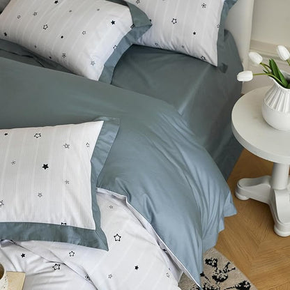 AOJIM Cute Kids Bedding Duvet Cover Set with Star Patterns for Girls and Boys, Reversible Pure Cotton Comforter Cover and 2 Matching Pillowcases, Super Soft Bed Quilt Cover for Room Decor, Queen Size