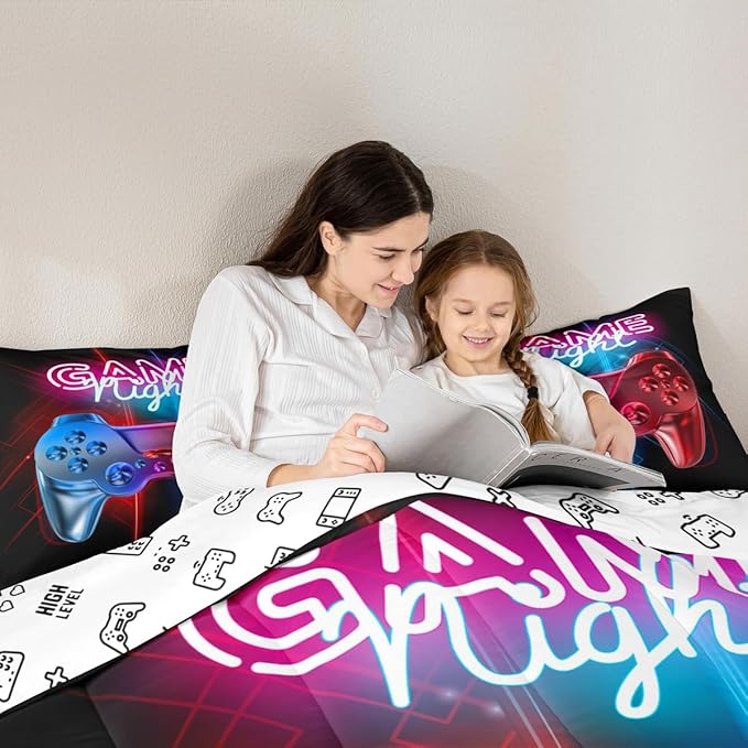 Boys Gaming Comforter Set Full Size Teens Gamer Bedding Set Modern Blue Red Video Game Controller Comforter for Kids Children Youth Bedroom Decor Multi-Color Gamer Console Action Buttons Duvet Set