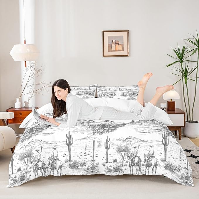 Southwest Cowboy Duvet Cover Set Full Size Western Desert Bedding Set 3Pcs Black White Farmhouse Comforter Cover for Boys Men Girls Adult Room Decor Wild Horse Cactus Quilt Cover,2 Pillowcase