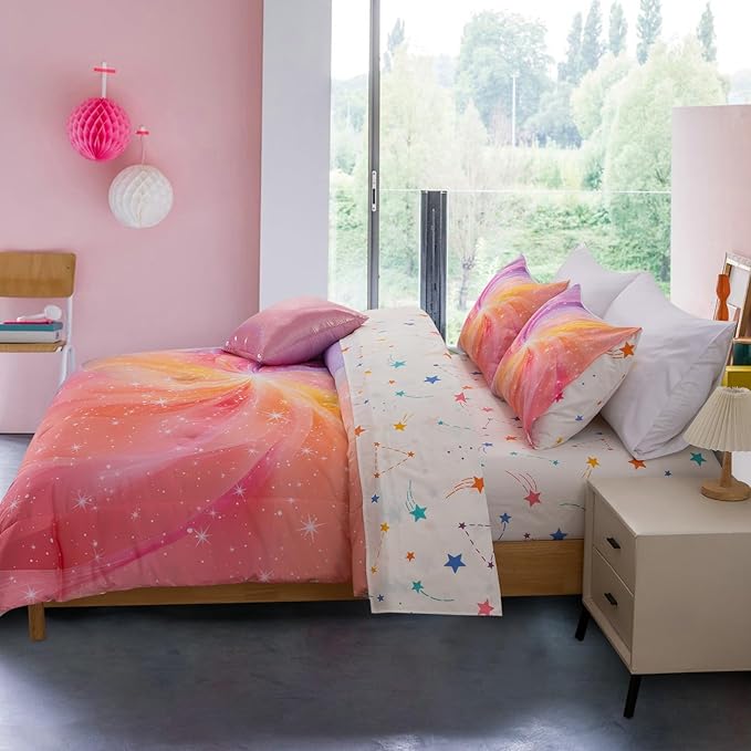 A Nice Night 6Pcs Swirling Stars Gradient Glitter Comforter Set for Girls Full Size, Colorful Rainbow Galaxy Comforter Set, Ultra Soft Bedding Sets (Purple-Pink, Full 6Pcs)