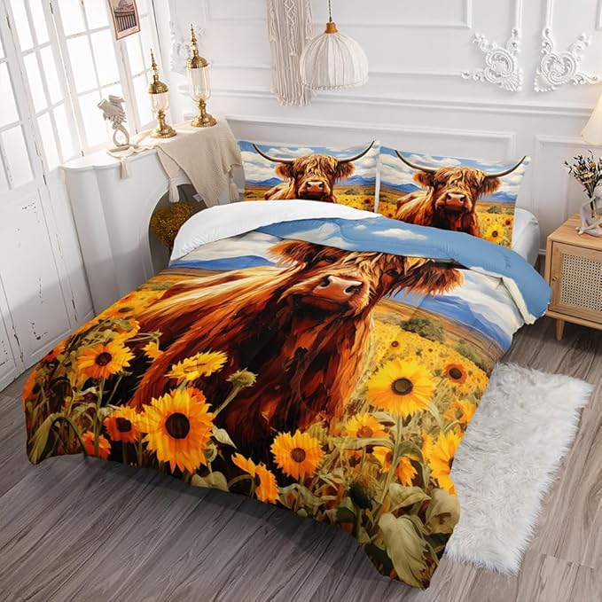 Cute Cow Print Comforter Set Twin Size Sunflower Sky Cloud Cow Bedding Set Farm Animals Cow Quilt Bed Set with 1 Comforter and 2 Pillowcases for Kids Boys Girls Room Decor