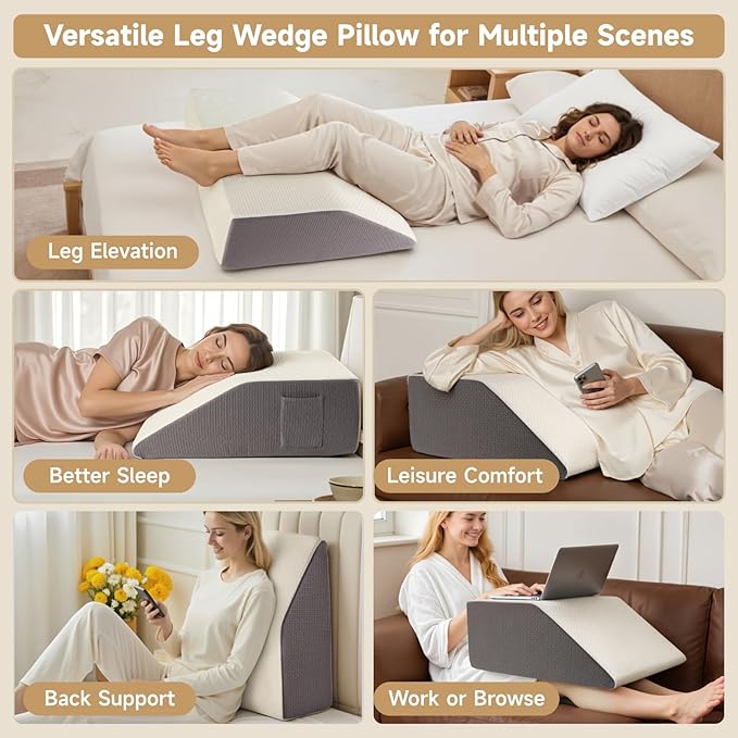 10" Leg Elevation Pillow, Leg Wedge Pillow for Swelling and Blood Circulation, Leg Pillow for After Surgery Recovery, Knee Hip Ankles Back Pain Relief, Knee Pillow for Sleeping, Removable Cover, Grey