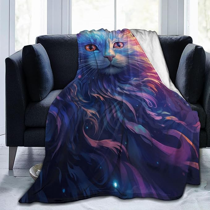 Abstract Space Cat Blanket Gifts for Cat Lovers Colorful Galaxy Cat Flannel Throw Blankets for Home Couch Bed Sofa Soft Fuzzy Lightweight Decor All Season 50x40 Inches