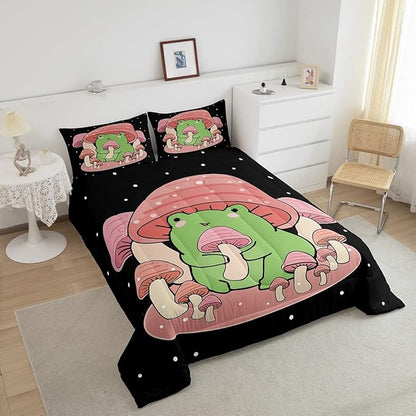 Feelyou Cartoon Mushroom Frog Bedding Set Cute Frog Comforter Set for Kids Boys Girls Natural Wild Fungus Comforter Pink Mushroom Duvet Set 1 Comforter Set with 2 Pillowcases King Size Boys
