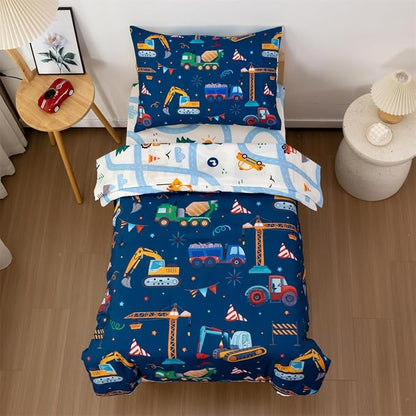 NTBED 4 Pieces Construction Truck Toddler Bedding Set for Baby Boys, Flags Vehicles Excavator Cars Printed, Includes Comforter, Flat Sheet, Fitted Sheet and Pillowcase,Navy