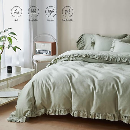 Simple&Opulence Kids 100% Organic Cotton Full Duvet Cover Ruffle 3Pcs(1 Comforter Cover 2 Pillowcases) Cute Lace Vintage Boho Shabby Chic Farmhouse Bedding Set Teen Girls(Sage Green, Full)