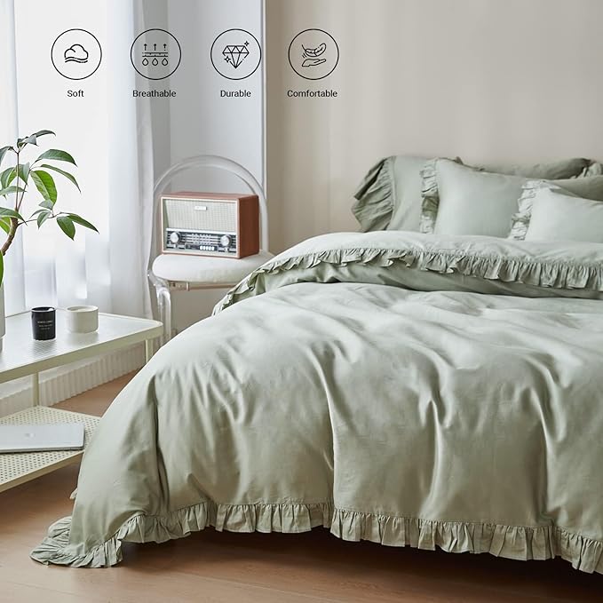 Simple&Opulence Kids 100% Organic Cotton Queen Duvet Cover Ruffle 3Pcs(1 Comforter Cover 2 Pillowcases) Cute Lace Vintage Boho Shabby Chic Farmhouse Bedding Set Teen Girls(Sage Green, Queen)