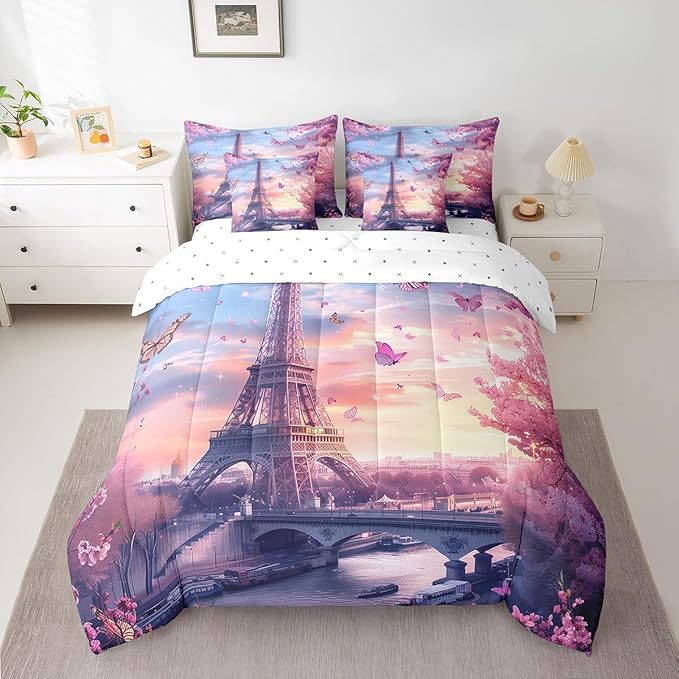Feelyou Eiffel Tower Comforter Set with Sheets King Size Paris 7 Piece Bedding Set for Adult Boys Girls Teens Pink Flower and Butterfly Bed in a Bag Romantic Bed Set