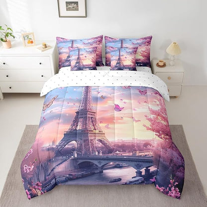 Feelyou Eiffel Tower Comforter Set with Sheets Twin Size Paris 7 Piece Bedding Set for Adult Boys Girls Teens Pink Flower and Butterfly Bed in a Bag Romantic Bed Set