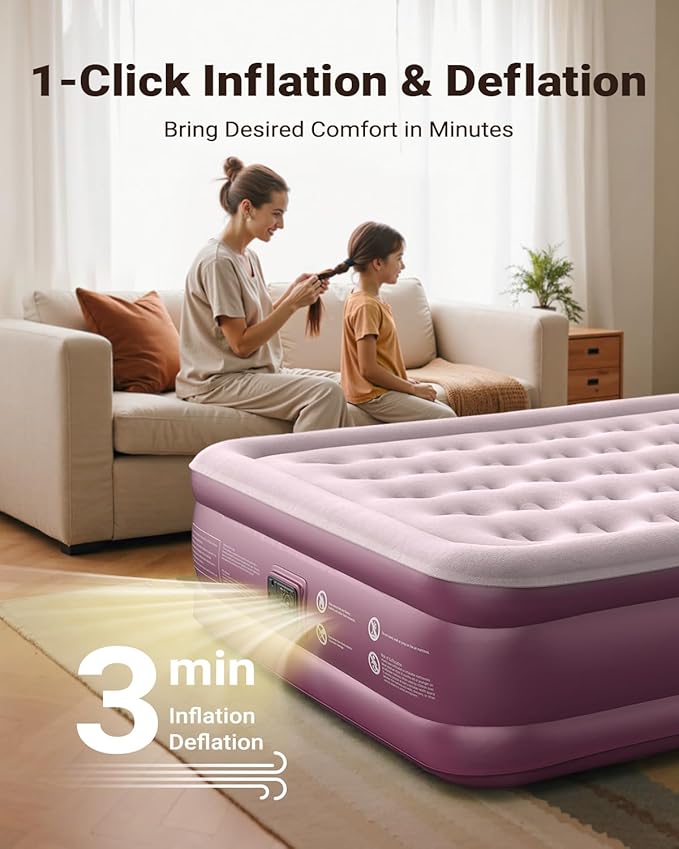 iDOO Air Mattress Queen with Built in Pump, Blow up Mattress, 18 Raised Inflatable Mattress for Home Camping and Guest Bed, Upgraded Comfort Surface Air Bed Queen Size, Colchones Inflables, Pink