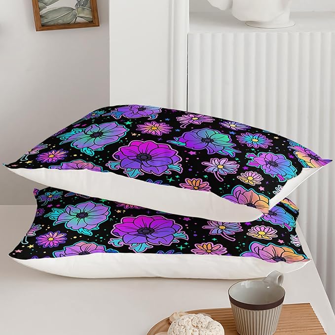 Axolotl Neon Floral Bedding Set King,Gradient Floral Comforter Set for Girls,Colorful Flower Bedding Stars,Galaxy Series Comforter for Kids Boys Girls Teens Adults,1 Quilt 2 Pillowcases,Black