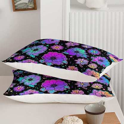 Axolotl Neon Floral Bedding Set King,Gradient Floral Comforter Set for Girls,Colorful Flower Bedding Stars,Galaxy Series Comforter for Kids Boys Girls Teens Adults,1 Quilt 2 Pillowcases,Black