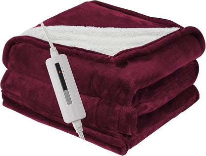 Electric Blanket Twin Size 62" x 84" Thickened Flannel and Sherpa Heated Blanket,10 Hours Timer Auto-Off,5 Heating Levels,for Bedroom Office Couch,WineRed