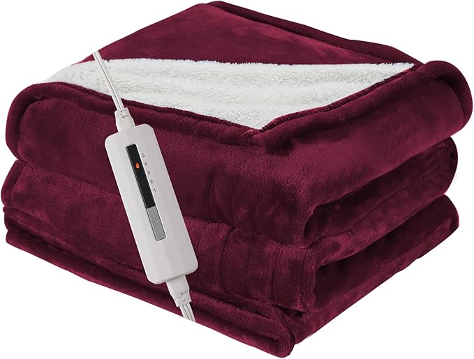 50"x60" Heated Electric Blanket Throw Thickened Flannel and Sherpa Heated Blanket,3 Hours Timer Auto-Off & 5 Heating Levels,for Bedroom Office Couch-WineRed