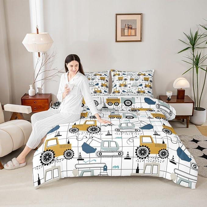 Feelyou Construction Comforter Set Queen Size Kids Excavator Tractor Toddler Comforter Cartoon Car Equipment Trucks Plaid Grid Comforter Set Construction Vehicles White Yellow Duvet Set