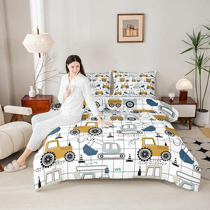 Feelyou Construction Comforter Set Queen Size Kids Excavator Tractor Toddler Comforter Cartoon Car Equipment Trucks Plaid Grid Comforter Set Construction Vehicles White Yellow Duvet Set