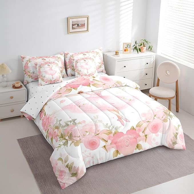 Feelyou Ballet 7 Pieces Bedding Set Queen Size Cute Ballet Comforter and Sheet Set with Dancing Girl Bed in a Bag,Pink Rose Pattern