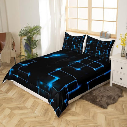 Castle Fairy Geometric Duvet Cover Set Full Size, 3D Modern Abstract Square Grid Quilt Cover with 2 Pillowcases, Blue and Black Neon Light Line Themed Soft Bedding Set for Boys Teens Room Decor