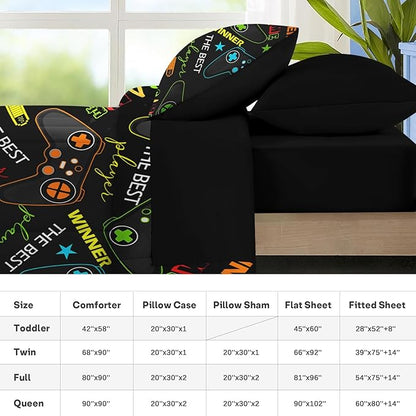 Nesker 7 Pcs Comforter Set Full Size, Colorful Bedding for Kids Teen, Game Gamepad Gaming with Fitted Sheet 2 Pillowcases & 2 Shams for Bedroom Bed Decor