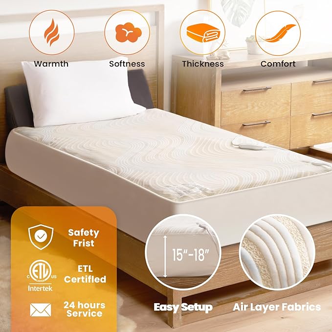 Electric Heated Mattress Pad Twin Size Single Control Bed Warmer, Deep Pocket, 10-Hour Auto Off, Machine Washable, 3D Air Layer Fabric, 39"x75", Gold