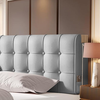 BCU Pillow Headboard Twin XL Upholstered Tufted Headboard with Hidden Fixed Strap Side Pocket for Adjustable Bed College Dorm Room Bed Sofa, Grey